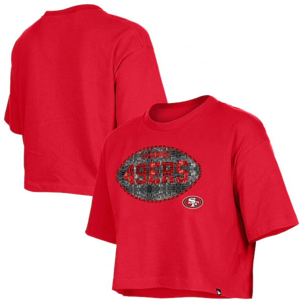 Girl's New Era Scarlet San Francisco 49ers Flip Sequin Boxy T-Shirt