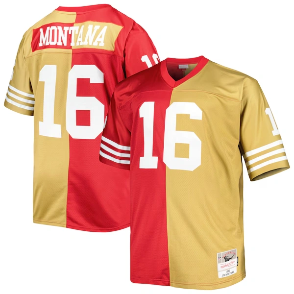Men's Mitchell & Ness Joe Montana Scarlet/Gold San Francisco 49ers Big & Tall Split Legacy Retired Player Replica Jersey
