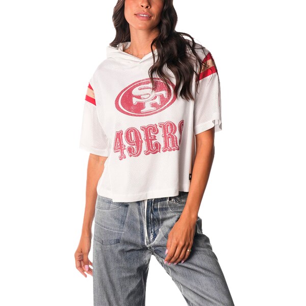 Women's The Wild Collective  White San Francisco 49ers Mesh Short Sleeve Hoodie T-Shirt