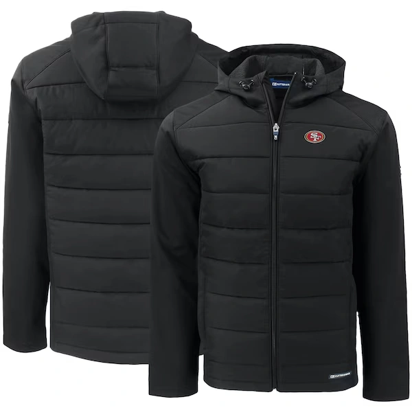 Men's Cutter & Buck Black San Francisco 49ers  Evoke PrimaLoft Hybrid Eco Softshell Recycled Full-Zip Hooded Jacket