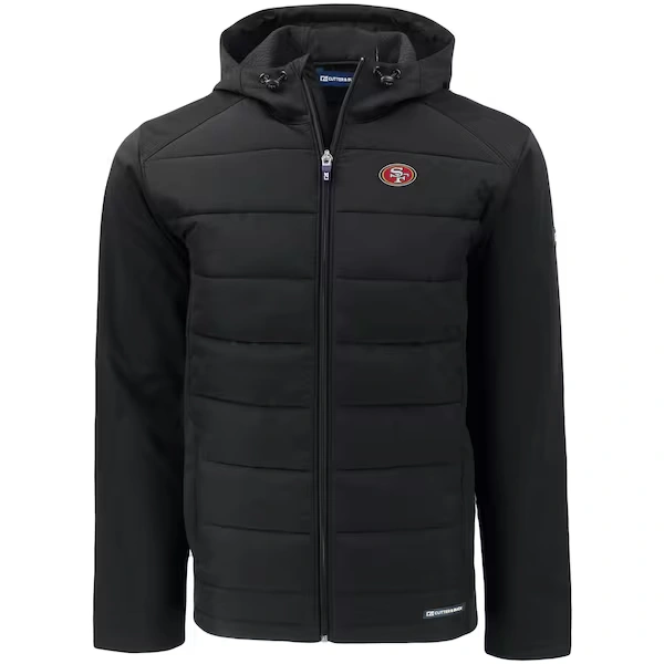 Men's Cutter & Buck Black San Francisco 49ers  Evoke PrimaLoft Hybrid Eco Softshell Recycled Full-Zip Hooded Jacket
