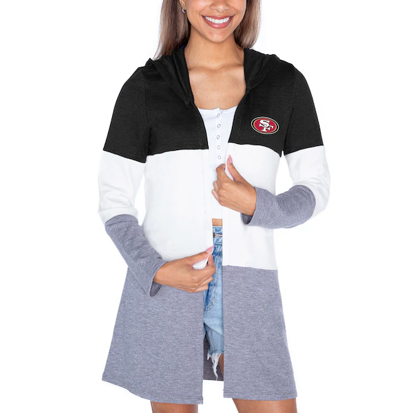 Women's Gameday Couture Black San Francisco 49ers Tri-Blend Color Block Lightweight Cardigan Hoodie
