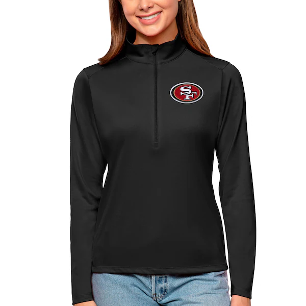 Women's Antigua Black San Francisco 49ers Tribute Half-Zip Top
